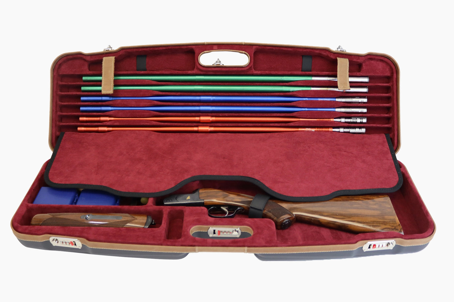 NEGRINI ACCESSORIES | NEGRINI CASE | 1622 SPORTING & FULL TUBE SET | 1 O&U / 1 HIGH RIB BARREL UP TO 32" | NAVY / TOBACCO LEATHER / NAVY